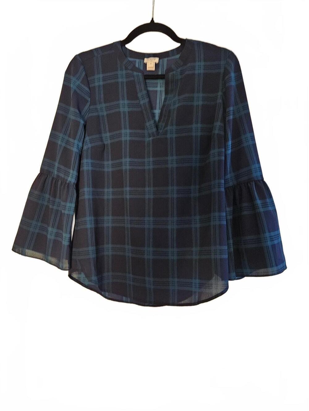 J.Crew Women's Black Watch Tartan (Blue and Green Plaid) Bell Sleeve Blouse XS